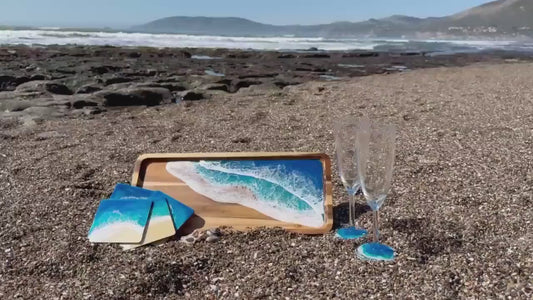 Coastal Serving Tray Set with Coasters and Champagne Glasses, Beach Home Decor, Ocean Lovers Party, Housewarming New Home Gift, Wedding Host