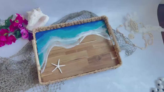 Large Ocean Wave Serving Tray With Handles, Coffee Table Tray, Realtor Closing New Home Gift, Tropical Wedding, Couple Beach Lover Gift