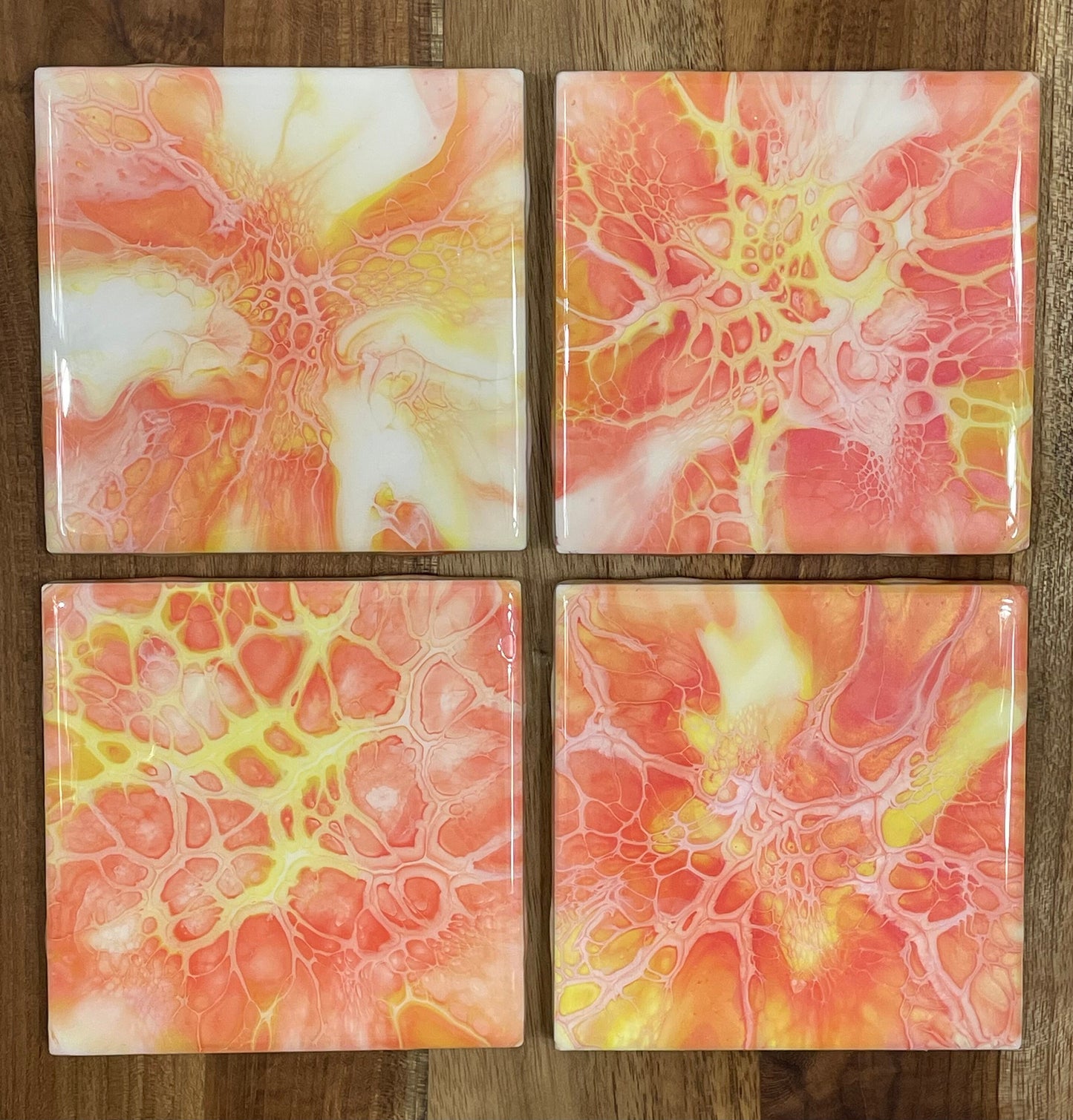 Orange Glossy Ceramic Drink Coaster Set of 4 in Acrylic Pour Abstract Fluid Art, Heat Resistant