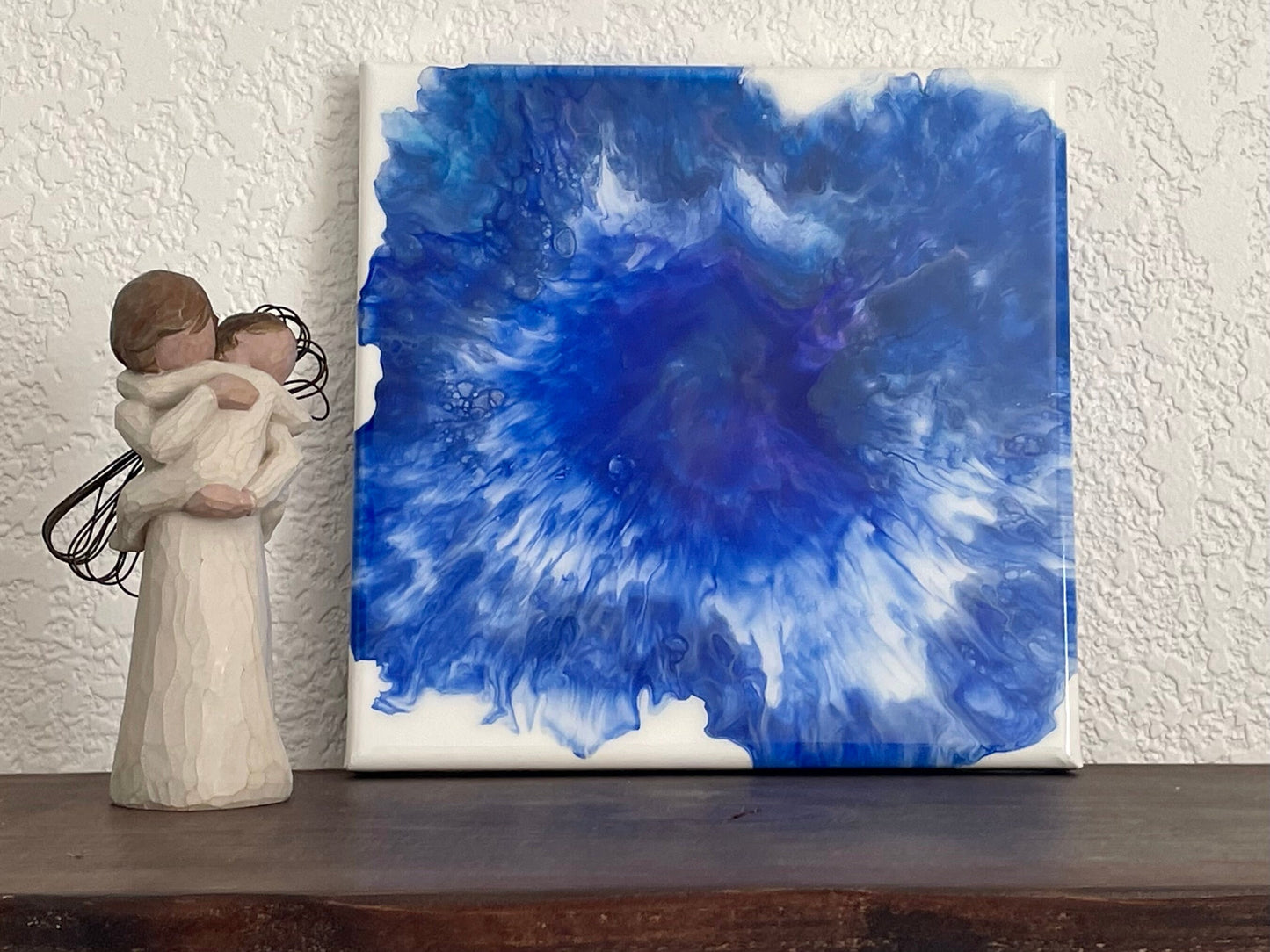 Abstract Floral Painting in Blue, Acrylic Fluid Art Dutch Pour Wall Art