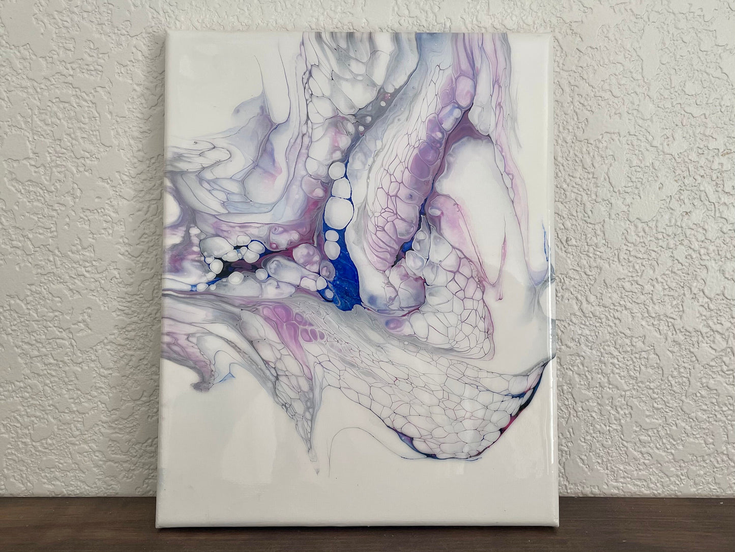 Acrylic Abstract Painting in Beautiful Blue, Pink, and Purple with White Background on 8x10 inch Canvas