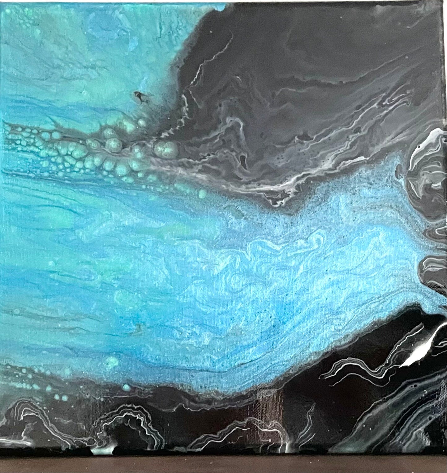 Coastal Fluid Paint Pour with Black Sand Beach in Abstract Acrylic Fluid Art Style on 12x12 inch Stretched Canvas, One of a Kind