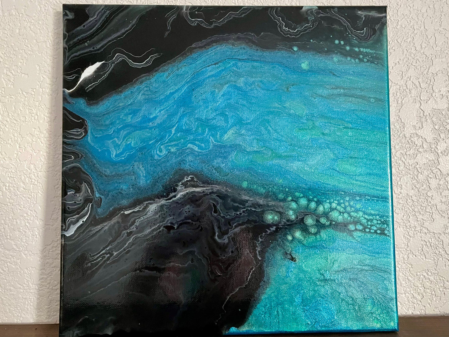 Coastal Fluid Paint Pour with Black Sand Beach in Abstract Acrylic Fluid Art Style on 12x12 inch Stretched Canvas, One of a Kind