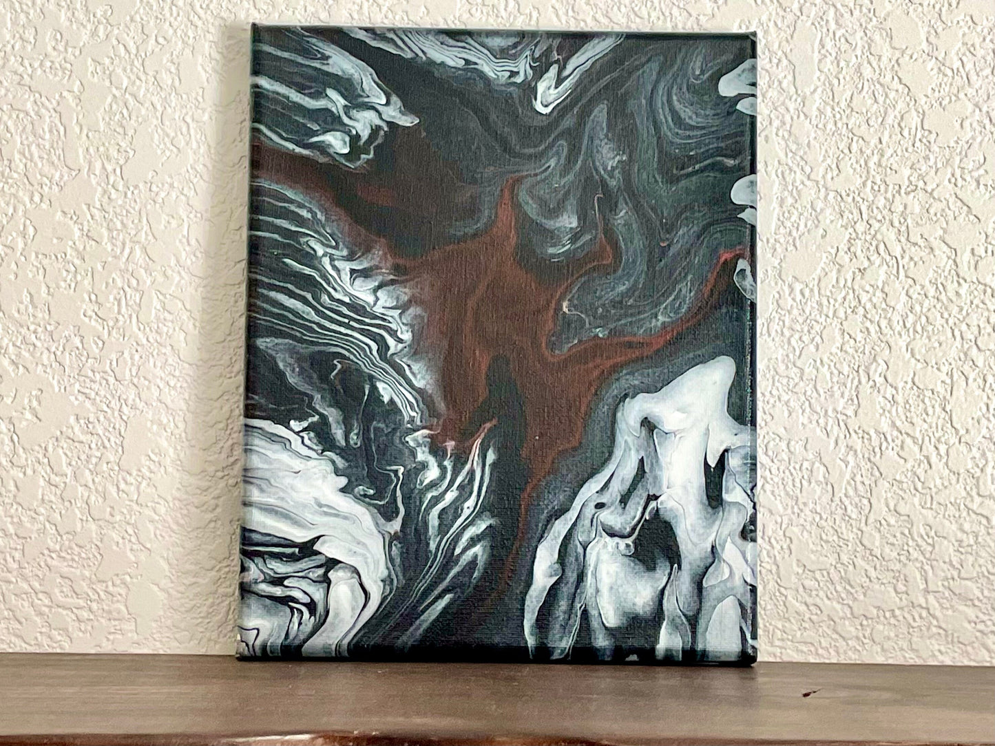 Fluid Art Painting, Original Acrylic Art Pour in Red and White on a Black Background on 8x10 inch Canvas