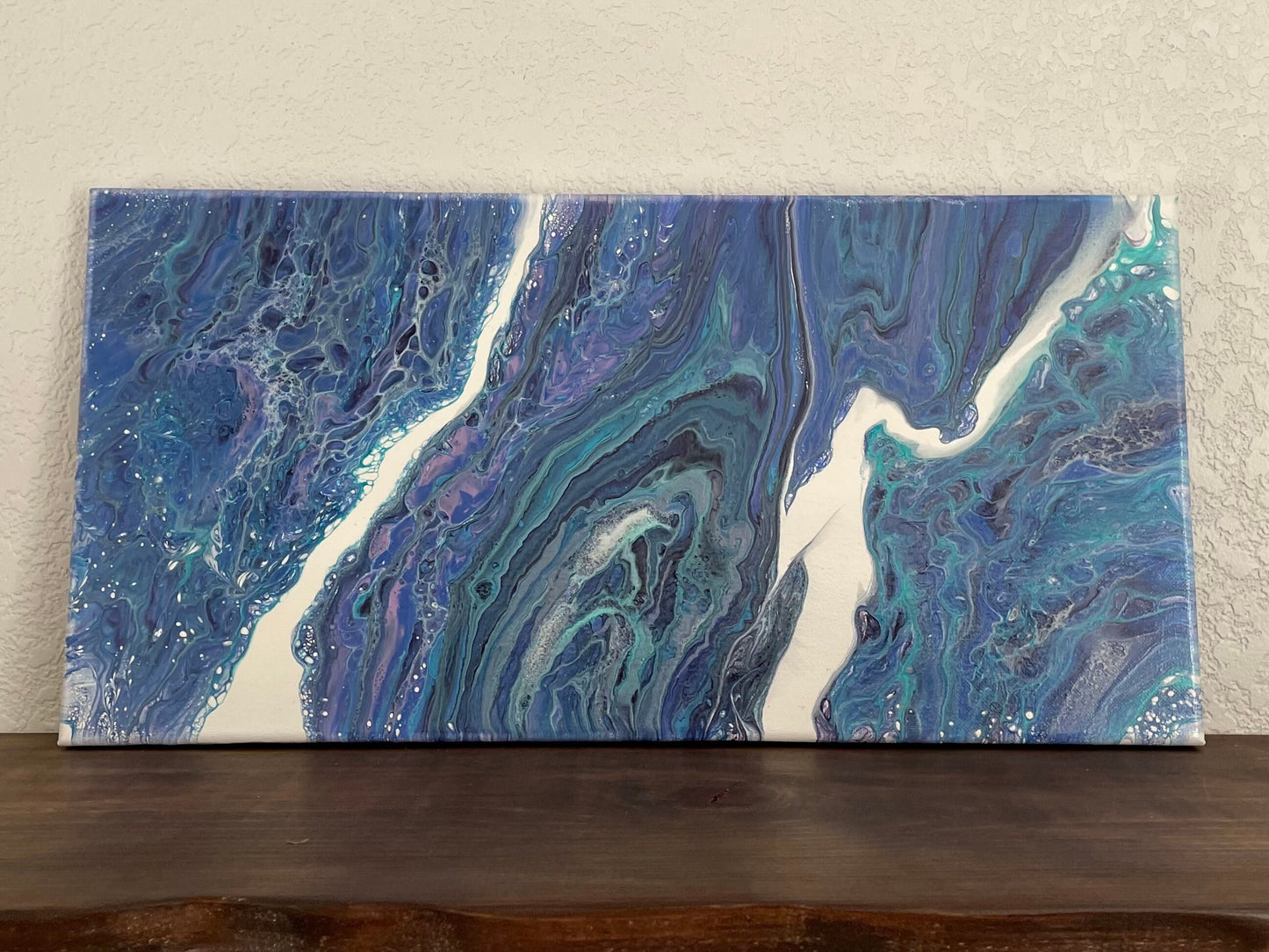 Original Fluid Art Painting in Vibrant Blues, 10x20 inch Acrylic Pour Wall Art