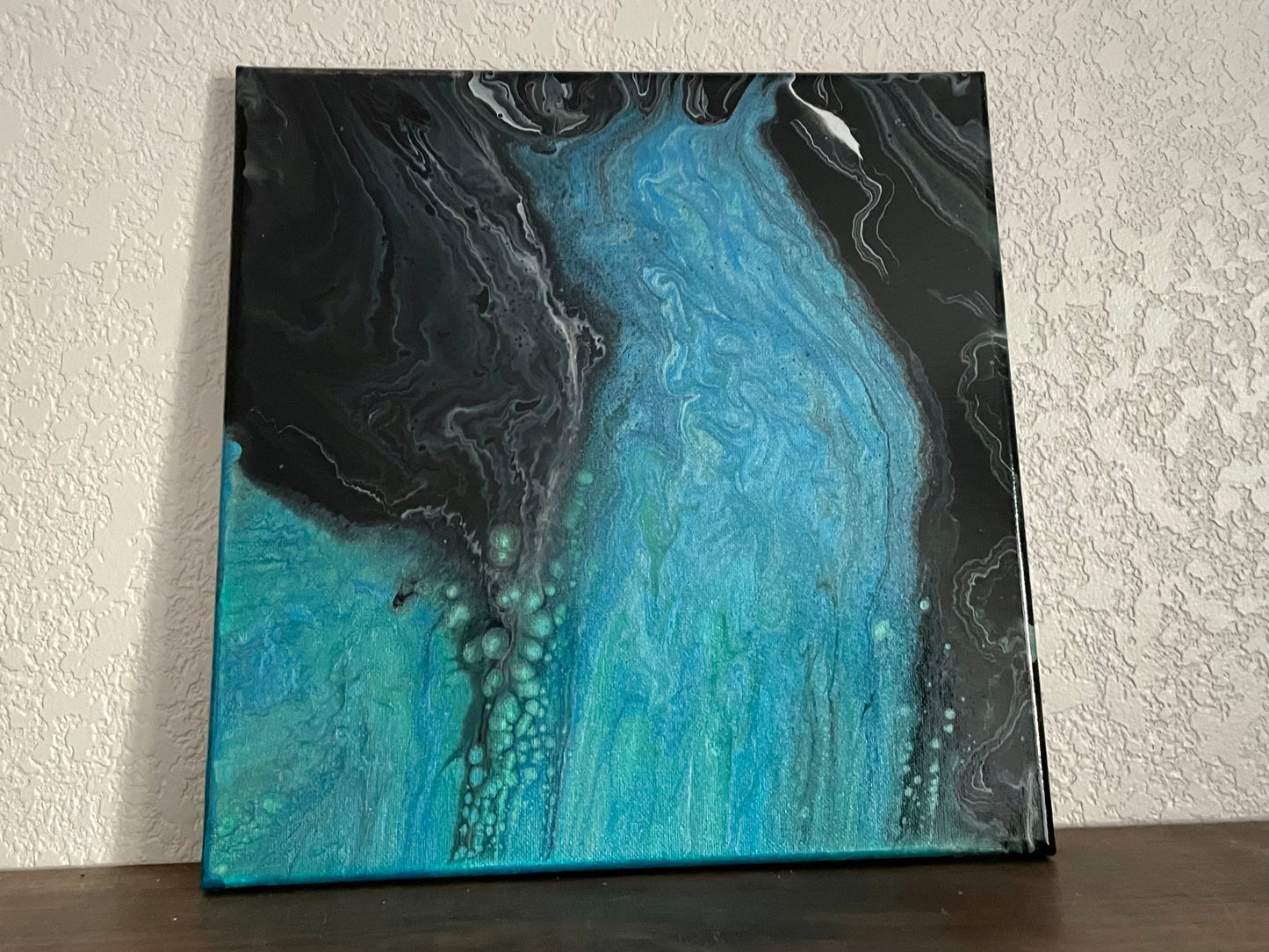 Coastal Fluid Paint Pour with Black Sand Beach in Abstract Acrylic Fluid Art Style on 12x12 inch Stretched Canvas, One of a Kind