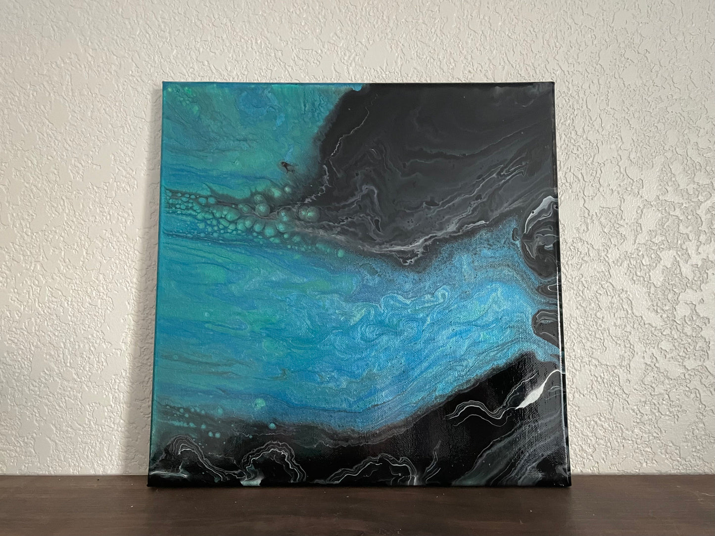 Coastal Fluid Paint Pour with Black Sand Beach in Abstract Acrylic Fluid Art Style on 12x12 inch Stretched Canvas, One of a Kind