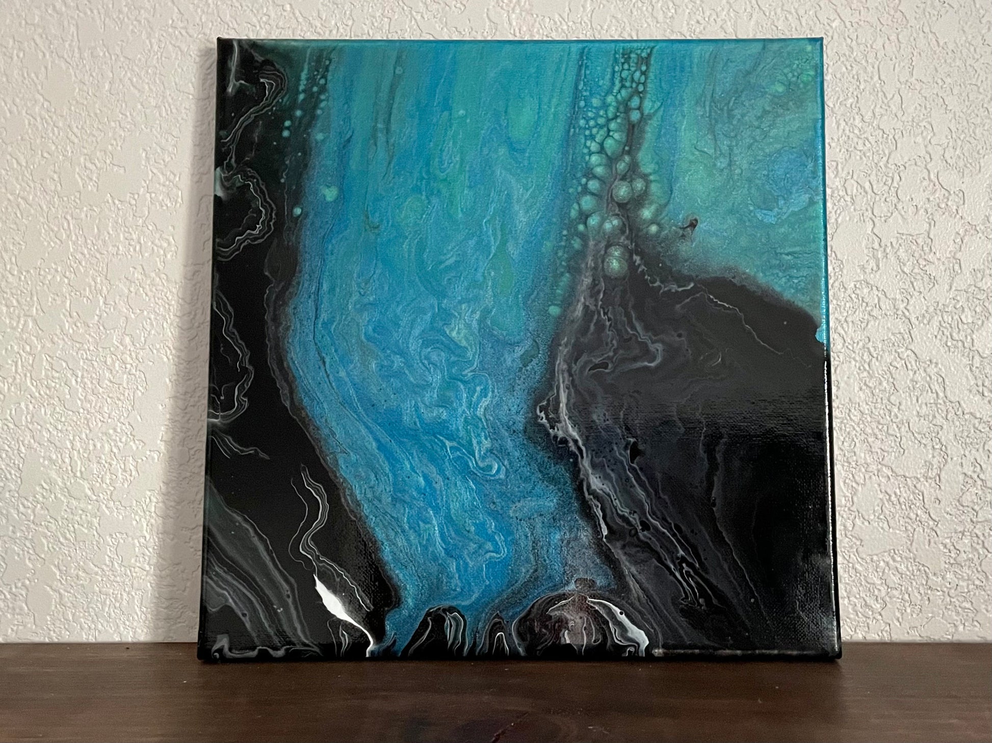 Coastal Fluid Paint Pour with Black Sand Beach in Abstract Acrylic Fluid Art Style on 12x12 inch Stretched Canvas, One of a Kind