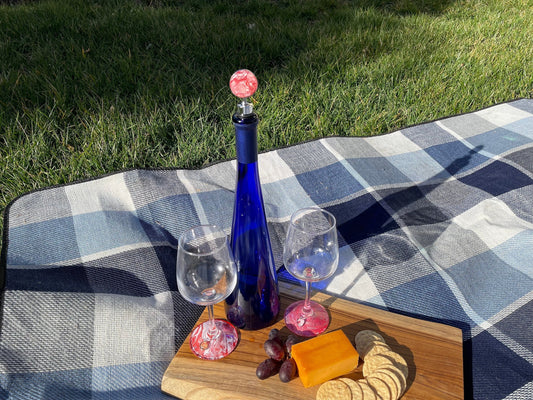 Wine Glass Gift Set For Two: Hand Painted Wine Glasses, Bottle Stopper, and 2 Wine Glass Charms