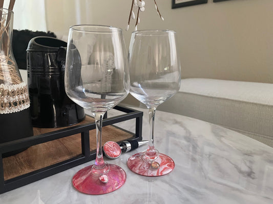 Wine Glass Gift Set For Two: Hand Painted Wine Glasses, Bottle Stopper, and 2 Wine Glass Charms