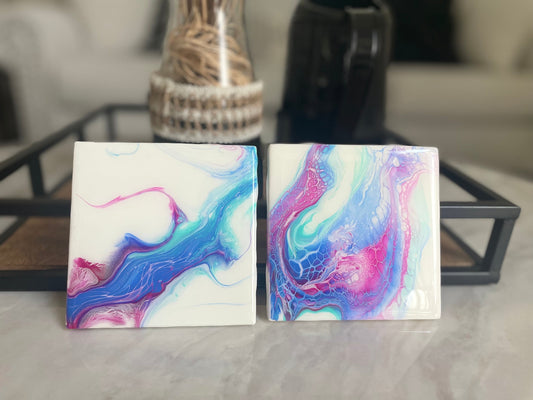 Square Ceramic Coaster Set of 2 With Glossy Heat Resistant Epoxy, Abstract Acrylic Paint Pour Style