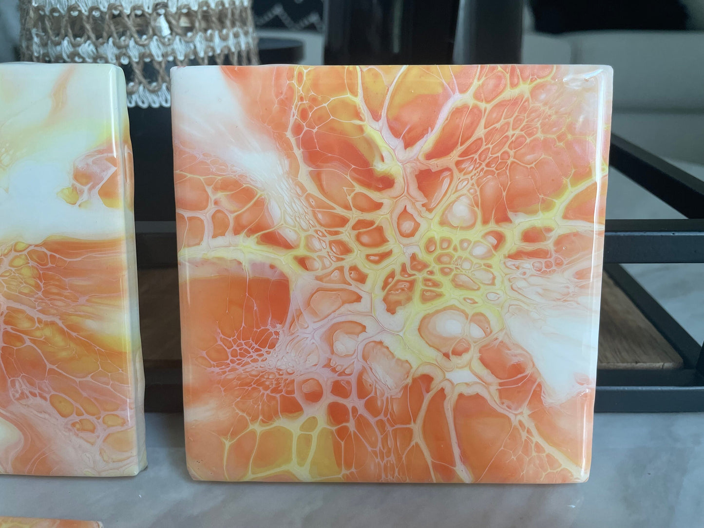 Orange Glossy Ceramic Drink Coaster Set of 4 in Acrylic Pour Abstract Fluid Art, Heat Resistant