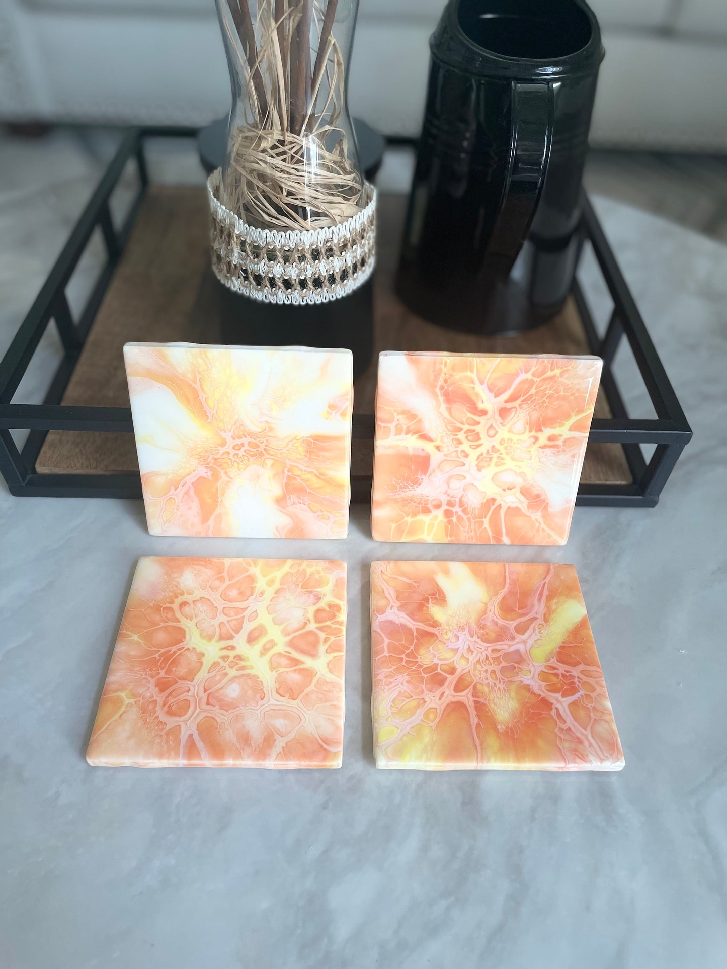 Orange Glossy Ceramic Drink Coaster Set of 4 in Acrylic Pour Abstract Fluid Art, Heat Resistant