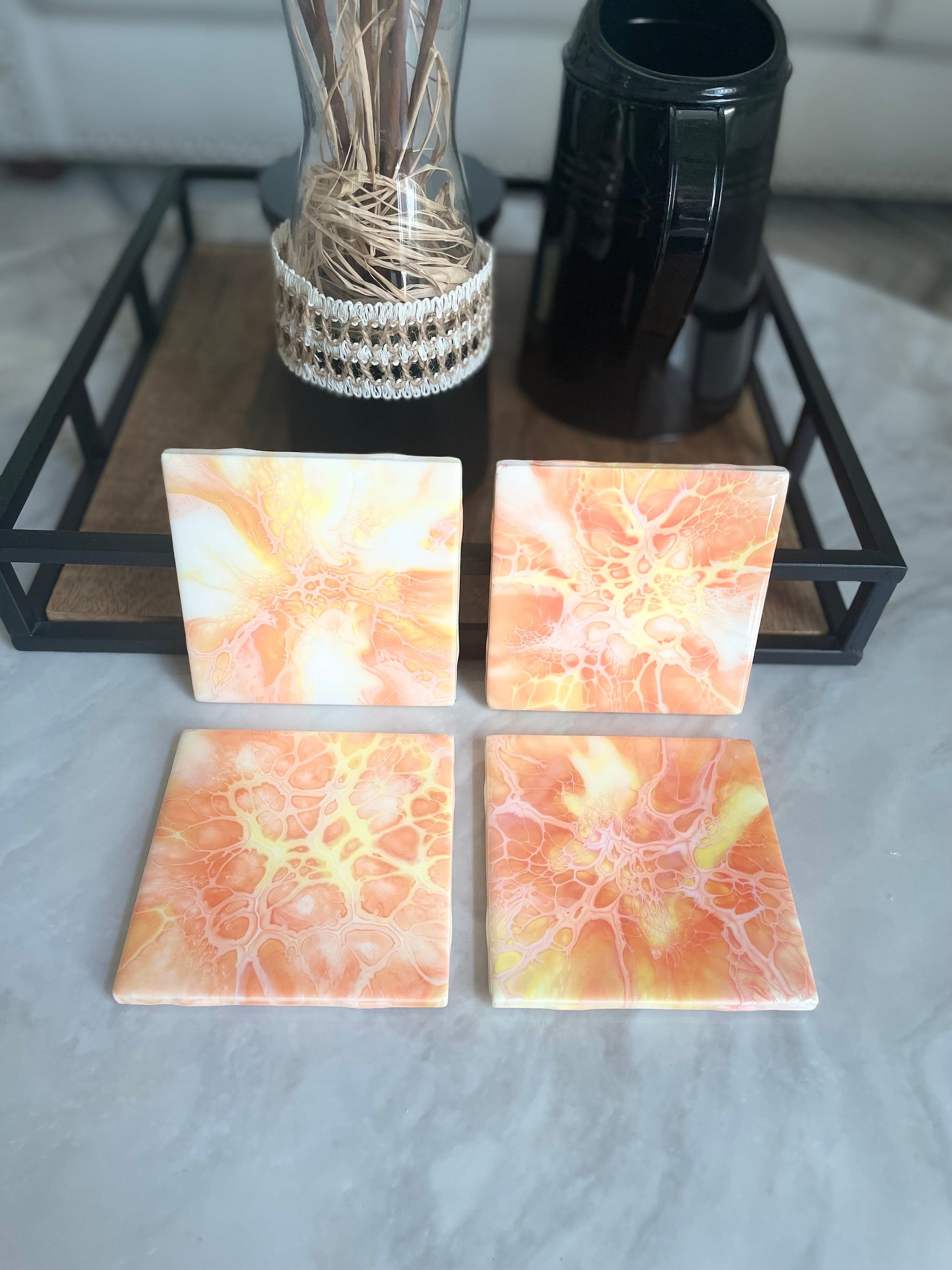 Orange Glossy Ceramic Drink Coaster Set of 4 in Acrylic Pour Abstract Fluid Art, Heat Resistant