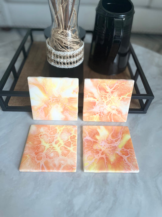 Orange Glossy Ceramic Drink Coaster Set of 4 in Acrylic Pour Abstract Fluid Art, Heat Resistant