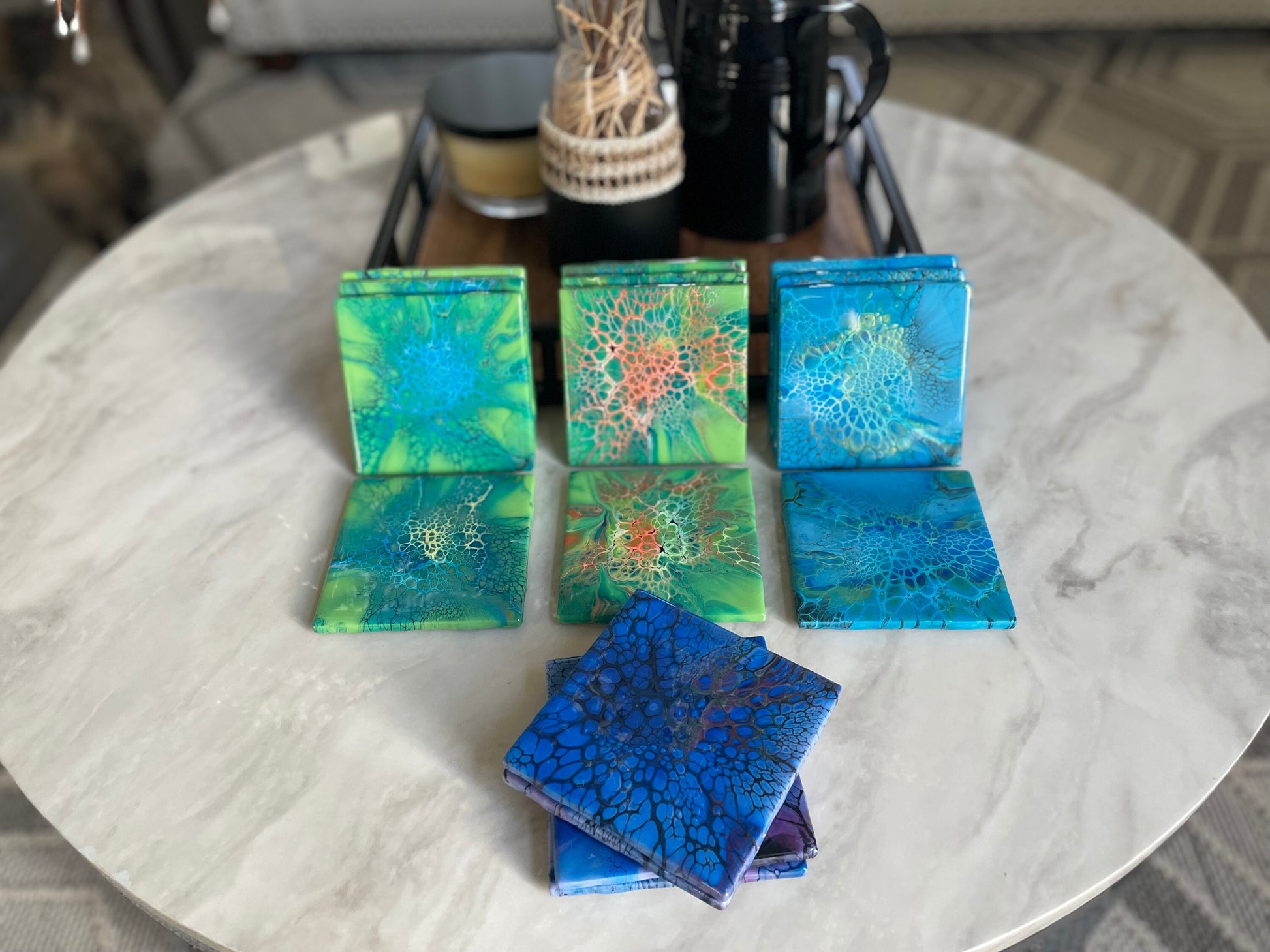 Orange Glossy Ceramic Drink Coaster Set of 4 in Acrylic Pour Abstract Fluid Art, Heat Resistant