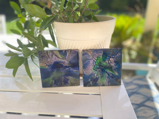 Set of 2 Ceramic Coasters, Hand Painted, Glossy and Heat Resistant