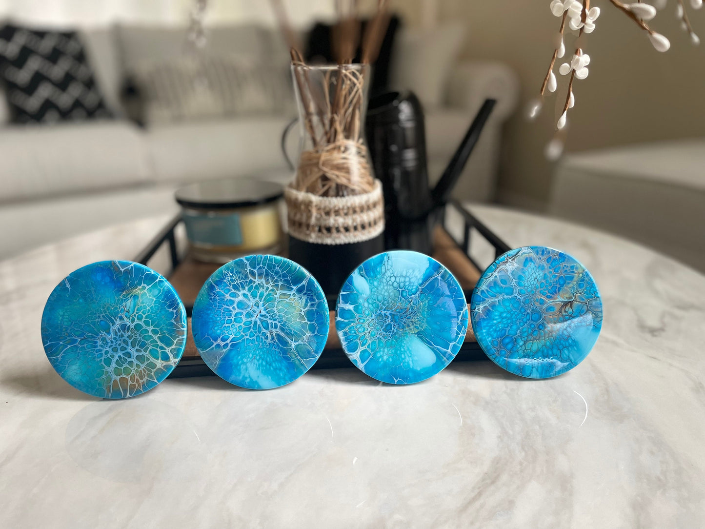 Round Glossy Ceramic Drink Coasters, Acrylic Pour Set of 4 Multi Colored, Heat Resistant