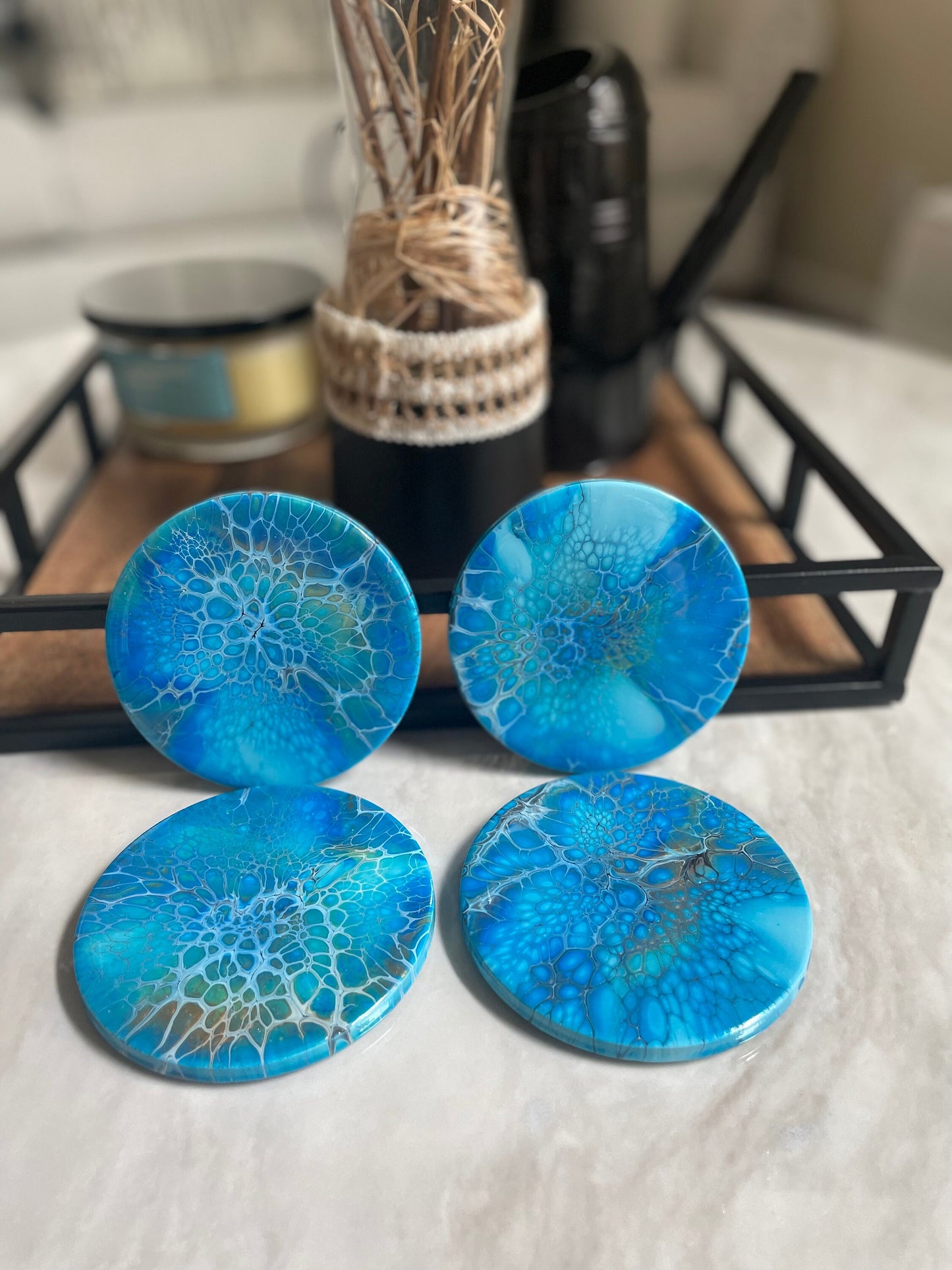 Round Glossy Ceramic Drink Coasters, Acrylic Pour Set of 4 Multi Colored, Heat Resistant