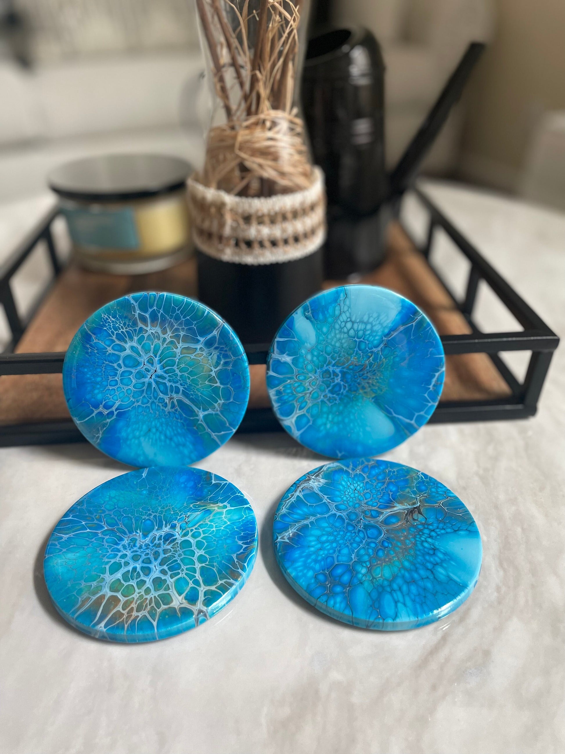 Round Glossy Ceramic Drink Coasters, Acrylic Pour Set of 4 Multi Colored, Heat Resistant
