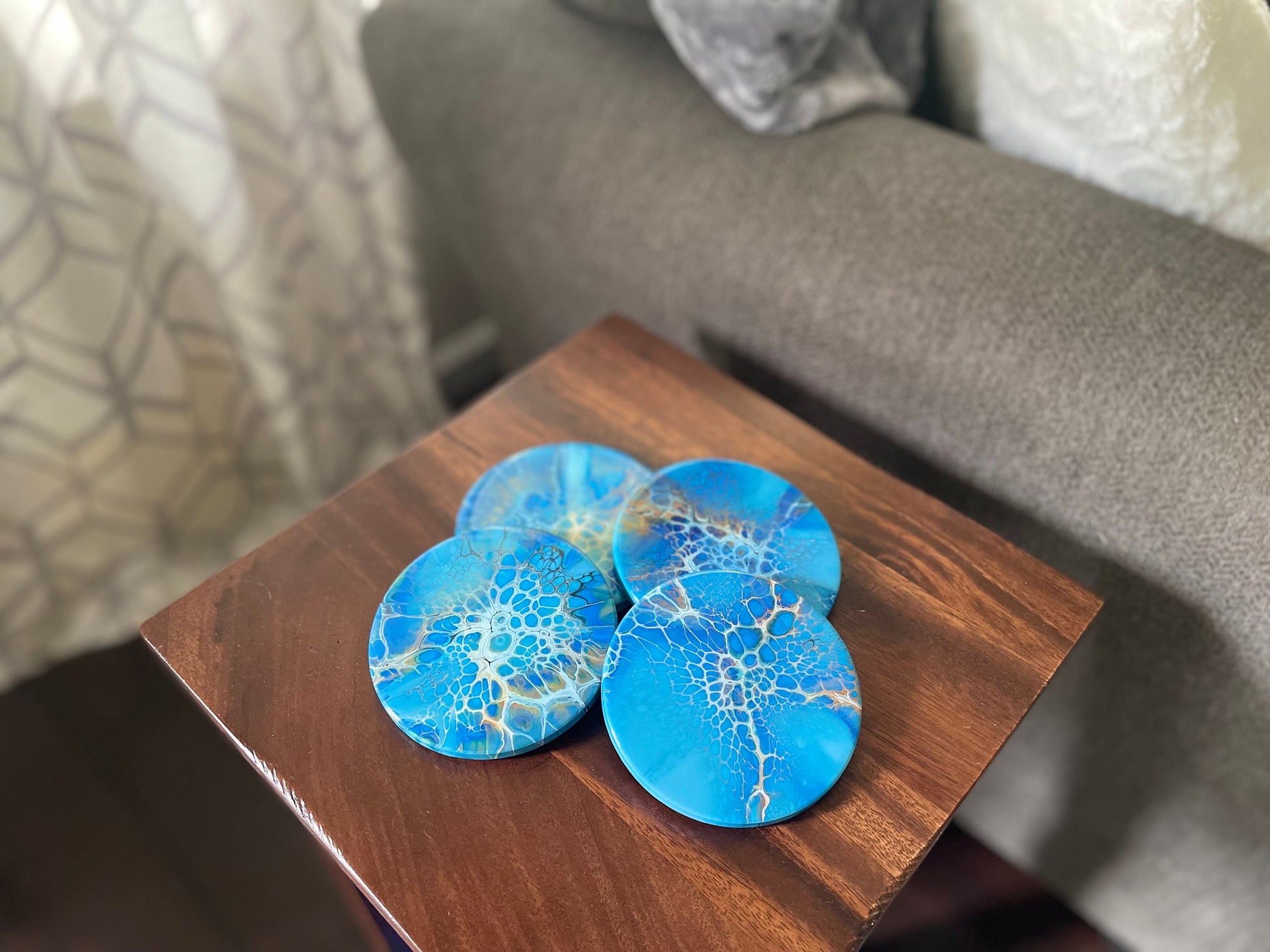 Round Glossy Ceramic Drink Coasters, Acrylic Pour Set of 4 Multi Colored, Heat Resistant