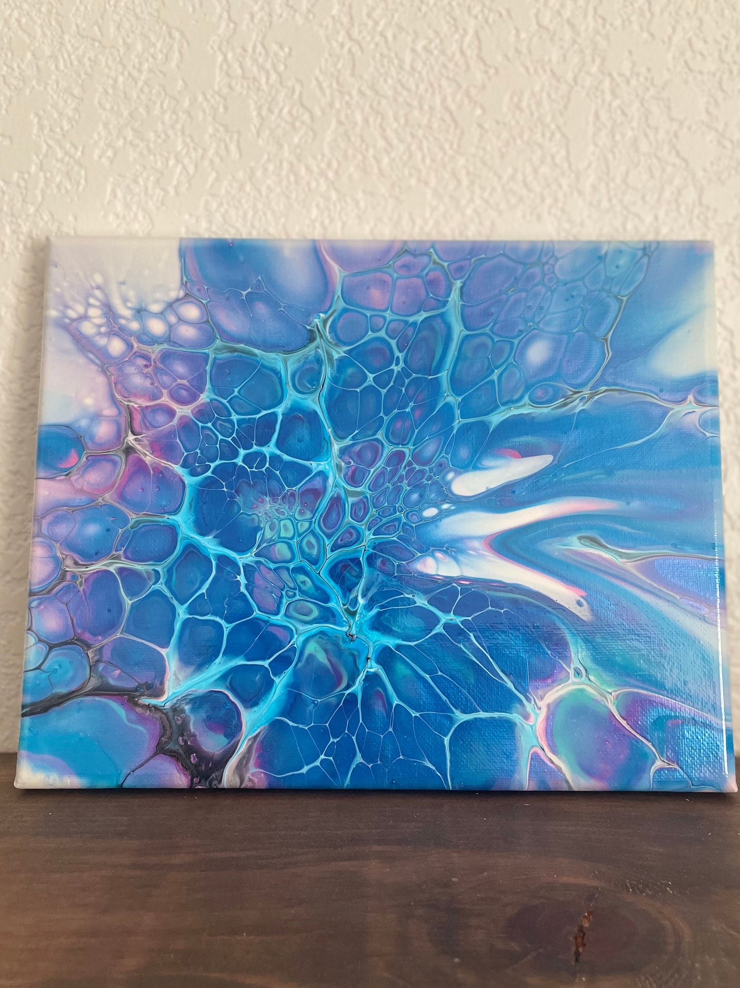 Original Acrylic Paint Pour Wall Art, Colorful Painting in Abstract Fluid Art Style, 8x10 Inch Canvas in Blue, Green, Purple, and Pink