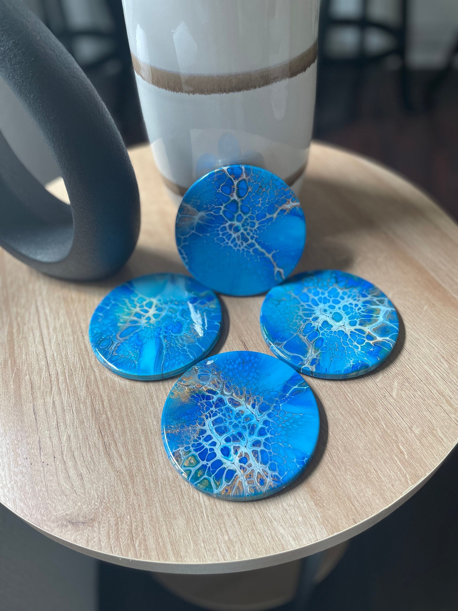 Round Glossy Ceramic Drink Coasters, Acrylic Pour Set of 4 Multi Colored, Heat Resistant