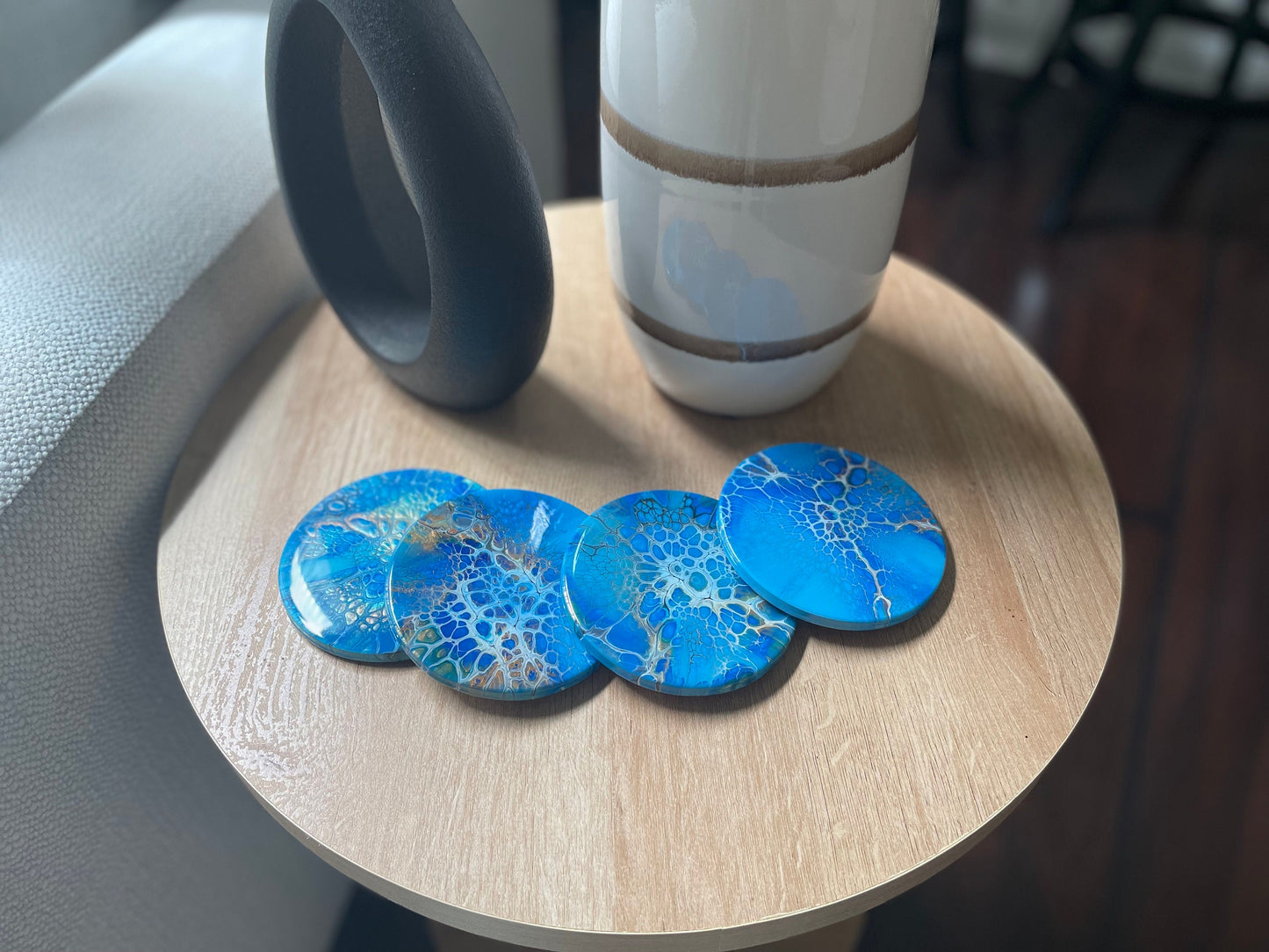 Round Glossy Ceramic Drink Coasters, Acrylic Pour Set of 4 Multi Colored, Heat Resistant