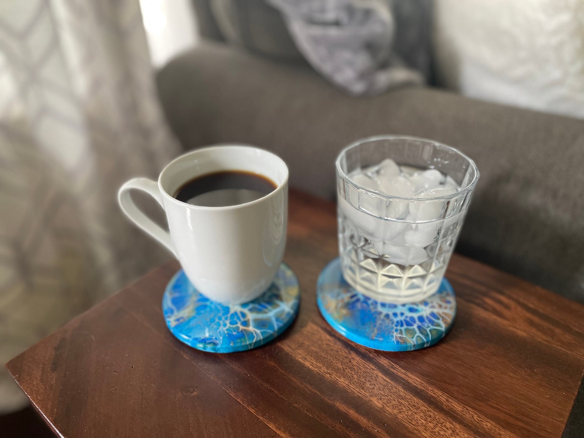 Round Glossy Ceramic Drink Coasters, Acrylic Pour Set of 4 Multi Colored, Heat Resistant