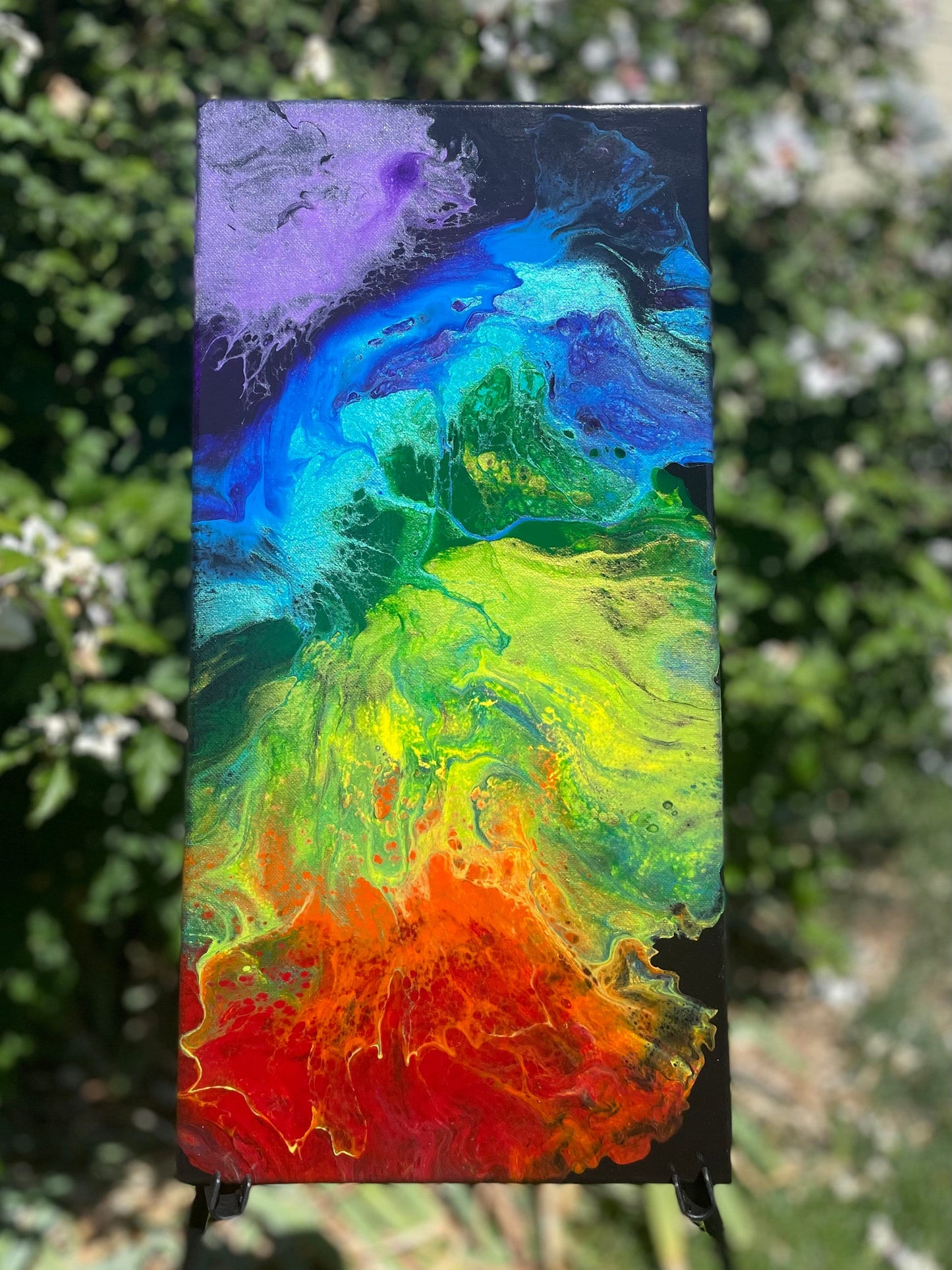 Unique Rainbow Fluid Art Painting on a Black Background, Shimmers and Shines with Metallic and Iridescent Paints, Acrylic Pour Wall Decor