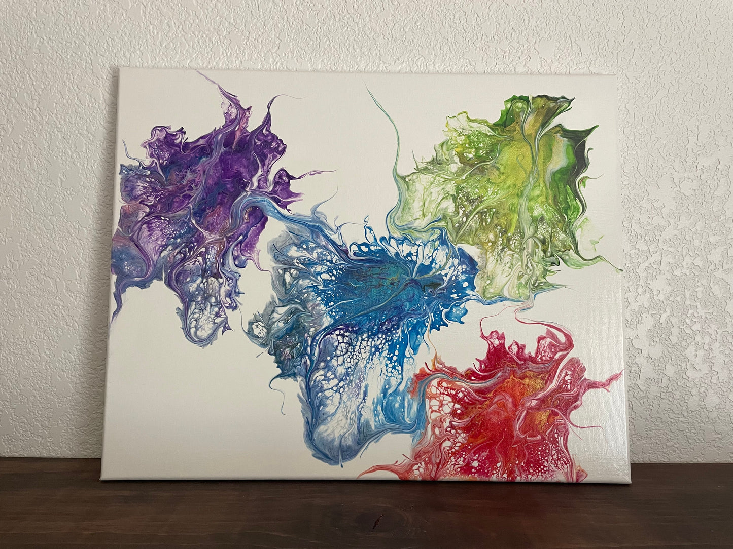 Large Original Abstract Painting in Vibrant Colors of Purple Blue Green And Red on Stretched 16x20 Canvas, Dutch Paint Pour Wall Art