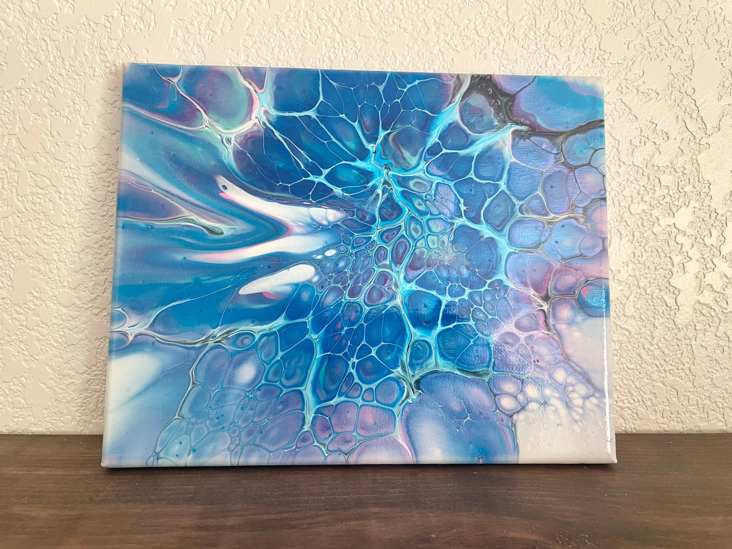 Original Acrylic Paint Pour Wall Art, Colorful Painting in Abstract Fluid Art Style, 8x10 Inch Canvas in Blue, Green, Purple, and Pink