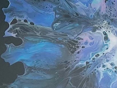 Original Abstract Floral Painting in Blue Purple and Pink on a Black Background, Dutch Paint Pour Wall Decor. Fluid Art Home Decor