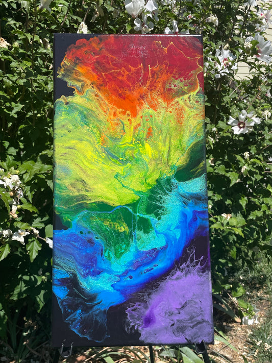 Unique Rainbow Fluid Art Painting on a Black Background, Shimmers and Shines with Metallic and Iridescent Paints, Acrylic Pour Wall Decor