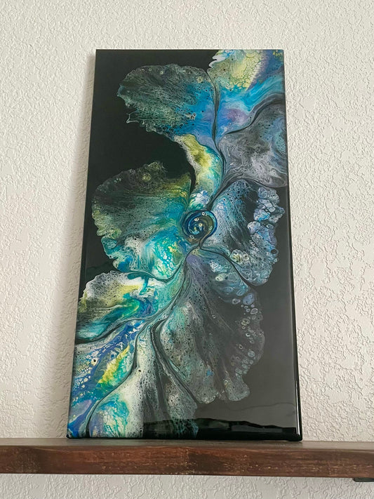 Original Abstract Floral Dutch Pour Painting in Purple Green Blue Yellow and White on a Black Background, Fluid Art Home Decor and Wall Art