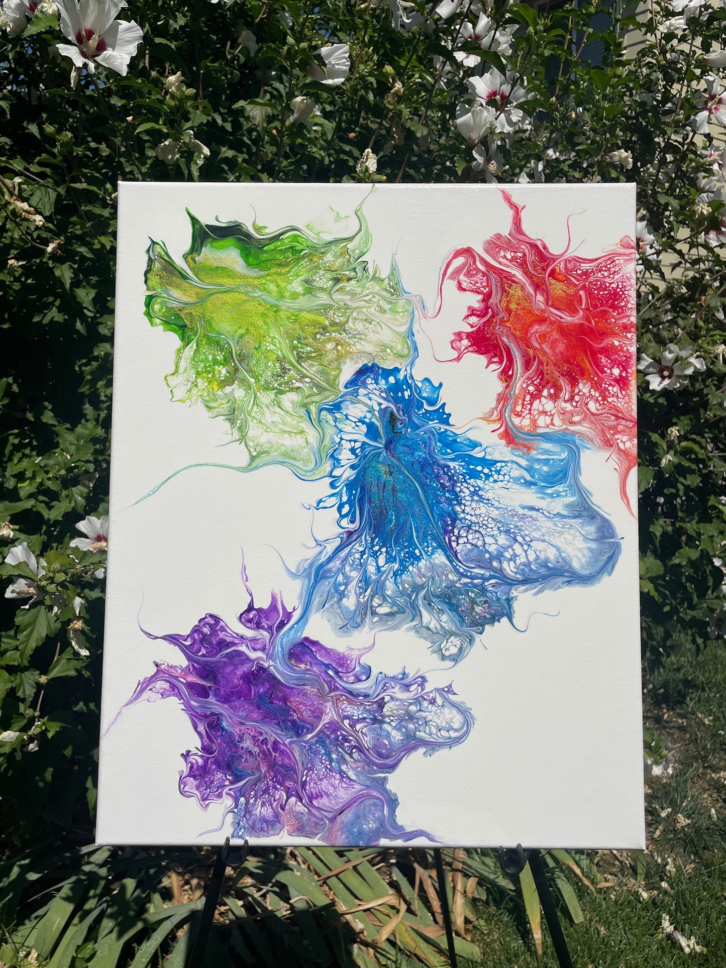 Large Original Abstract Painting in Vibrant Colors of Purple Blue Green And Red on Stretched 16x20 Canvas, Dutch Paint Pour Wall Art
