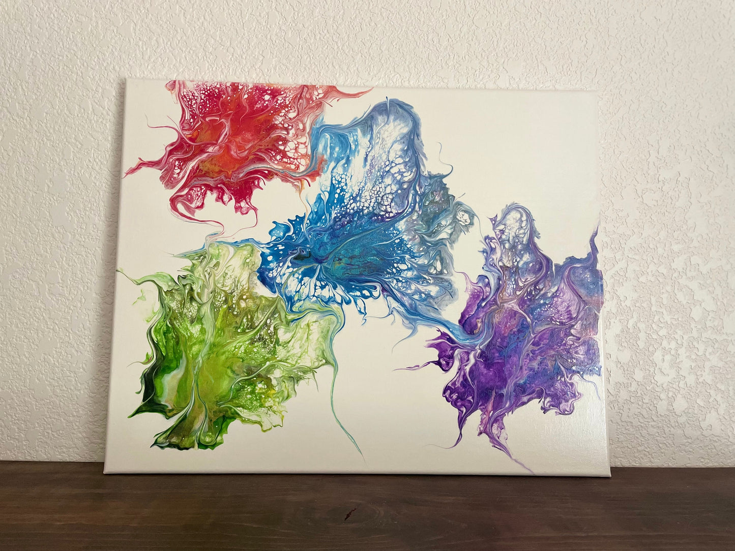 Large Original Abstract Painting in Vibrant Colors of Purple Blue Green And Red on Stretched 16x20 Canvas, Dutch Paint Pour Wall Art