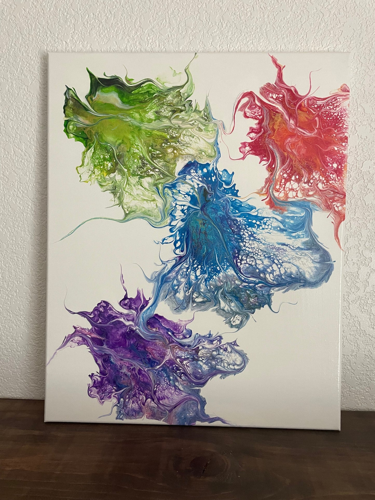 Large Original Abstract Painting in Vibrant Colors of Purple Blue Green And Red on Stretched 16x20 Canvas, Dutch Paint Pour Wall Art