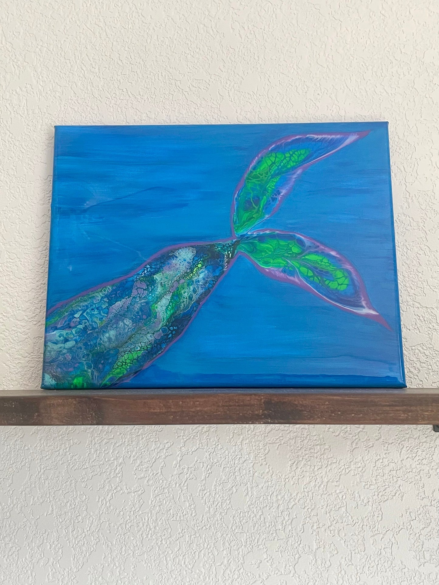 Mermaid Tail Painting Ocean Scene on 11x14 Canvas, "Under the Sea" Tropical Wall Art, Fluid Art Home Decor, Acrylic Paint Pour