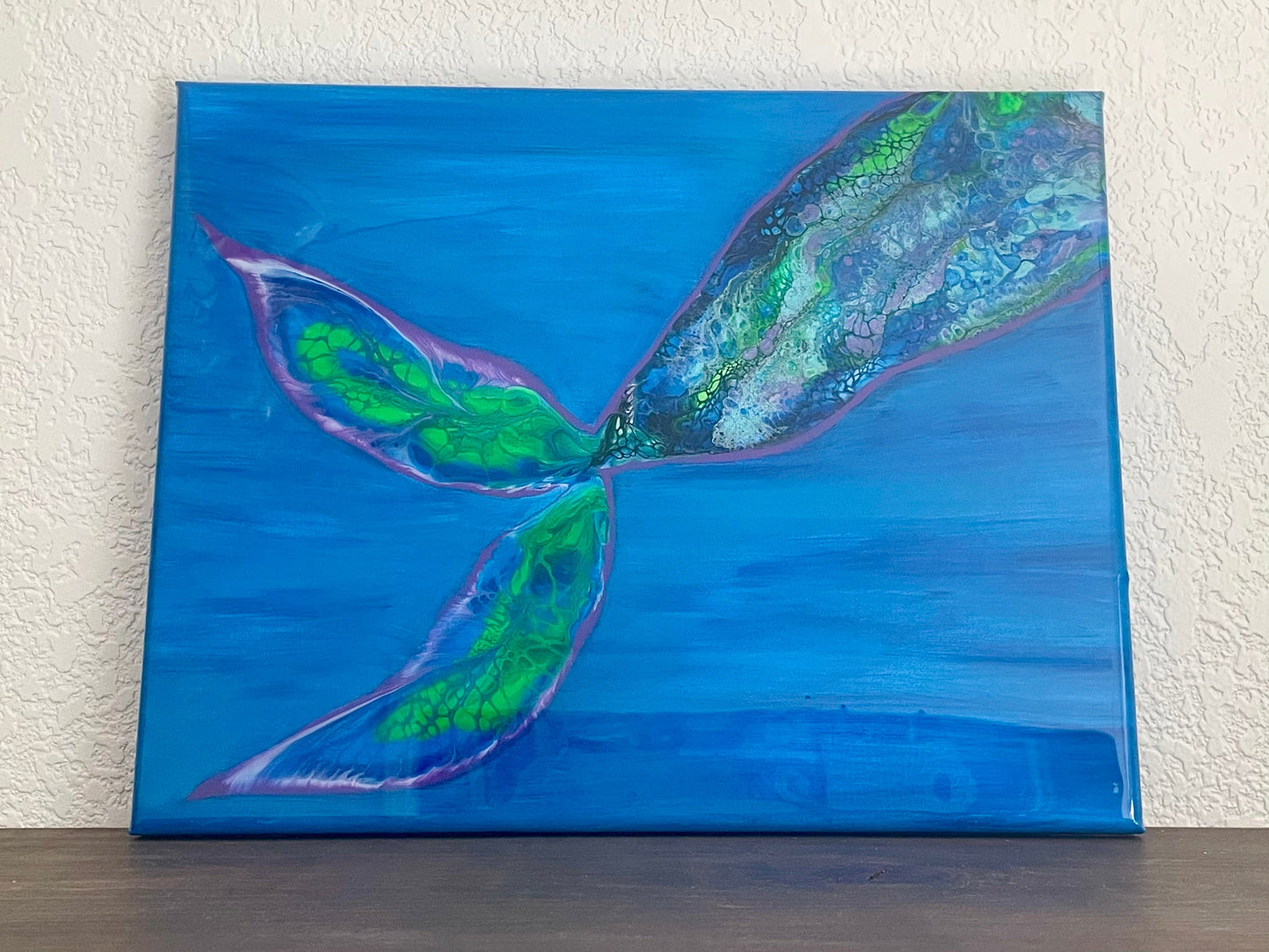 Mermaid Tail Painting Ocean Scene on 11x14 Canvas, "Under the Sea" Tropical Wall Art, Fluid Art Home Decor, Acrylic Paint Pour