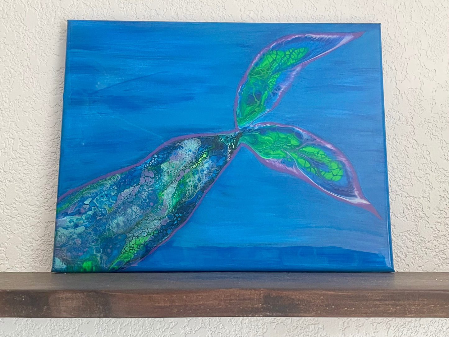 Mermaid Tail Painting Ocean Scene on 11x14 Canvas, "Under the Sea" Tropical Wall Art, Fluid Art Home Decor, Acrylic Paint Pour