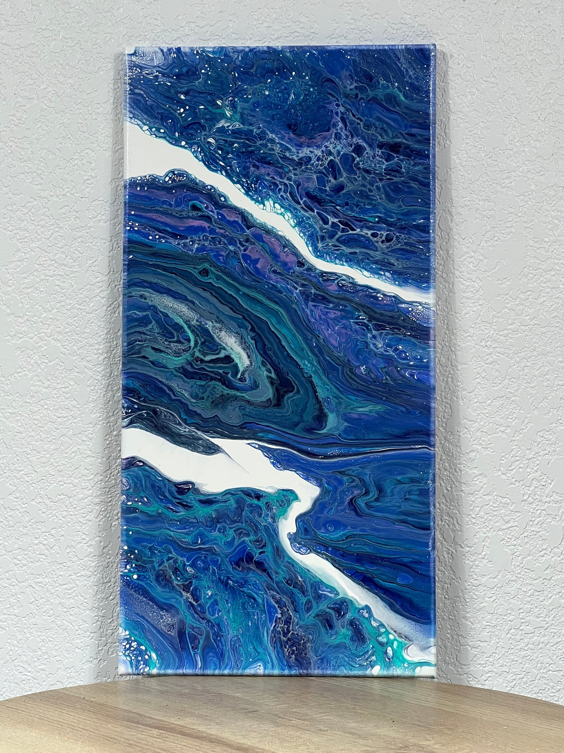 Original Fluid Art Painting in Vibrant Blues, 10x20 inch Acrylic Pour Wall Art