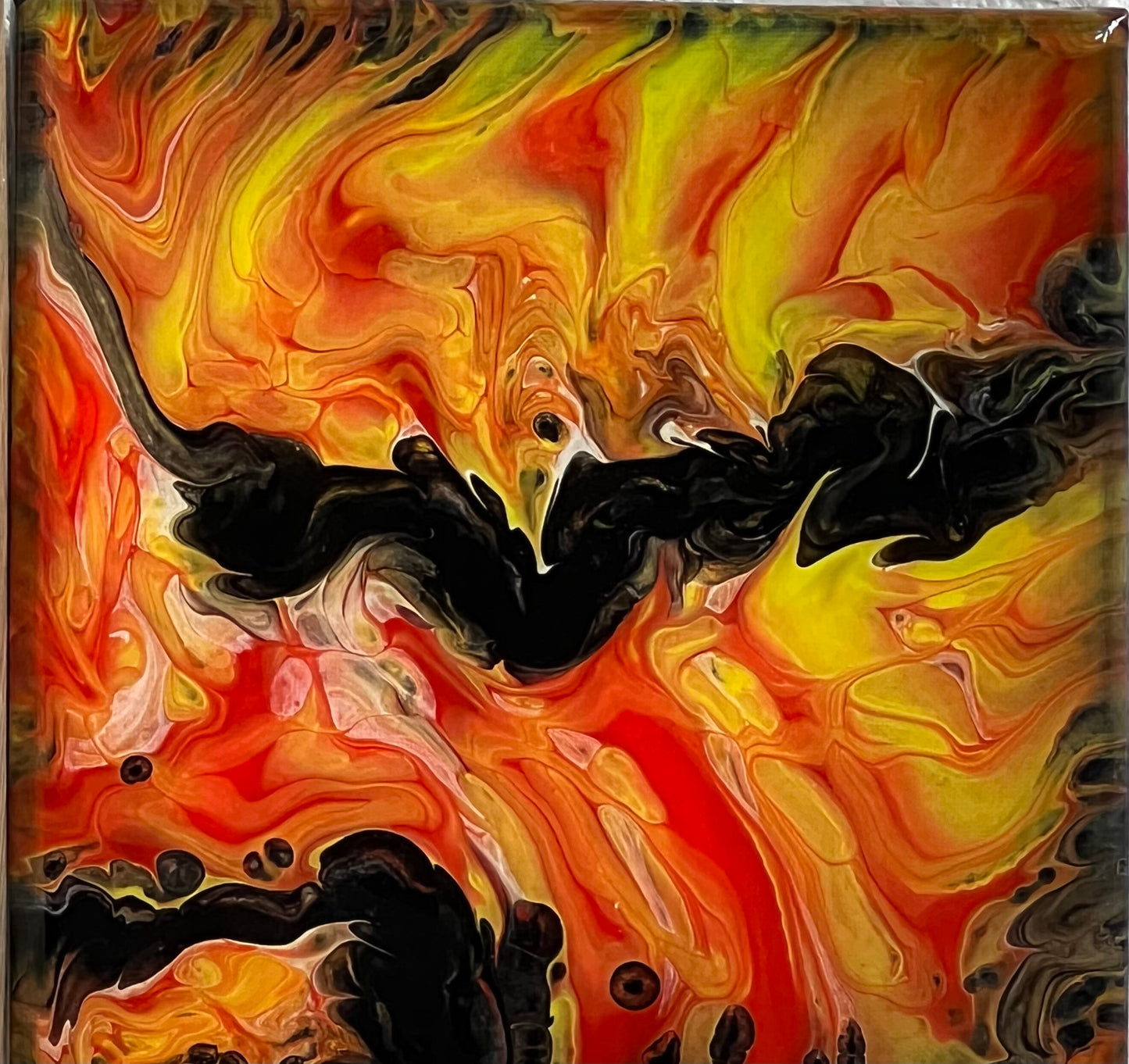 Modern Abstract Painting in Bright Orange Red Yellow and Black, 8x8 inch Fluid Art Paint Pour