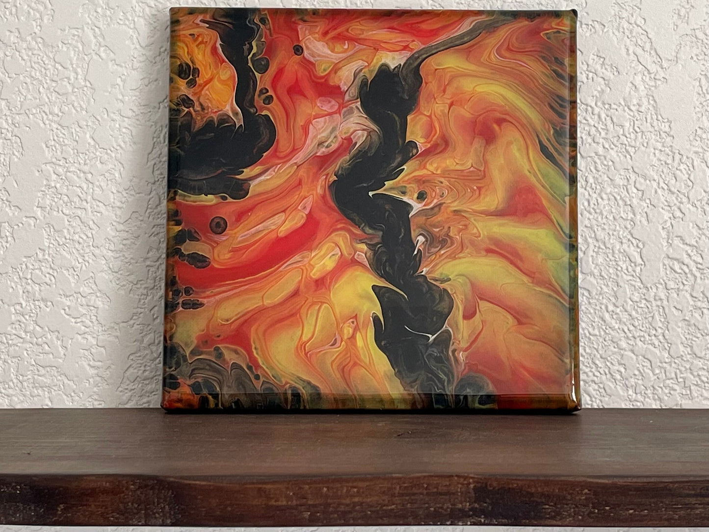 Modern Abstract Painting in Bright Orange Red Yellow and Black, 8x8 inch Fluid Art Paint Pour