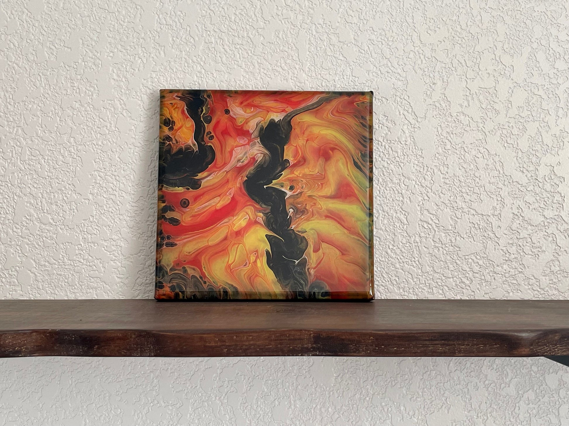 Modern Abstract Painting in Bright Orange Red Yellow and Black, 8x8 inch Fluid Art Paint Pour