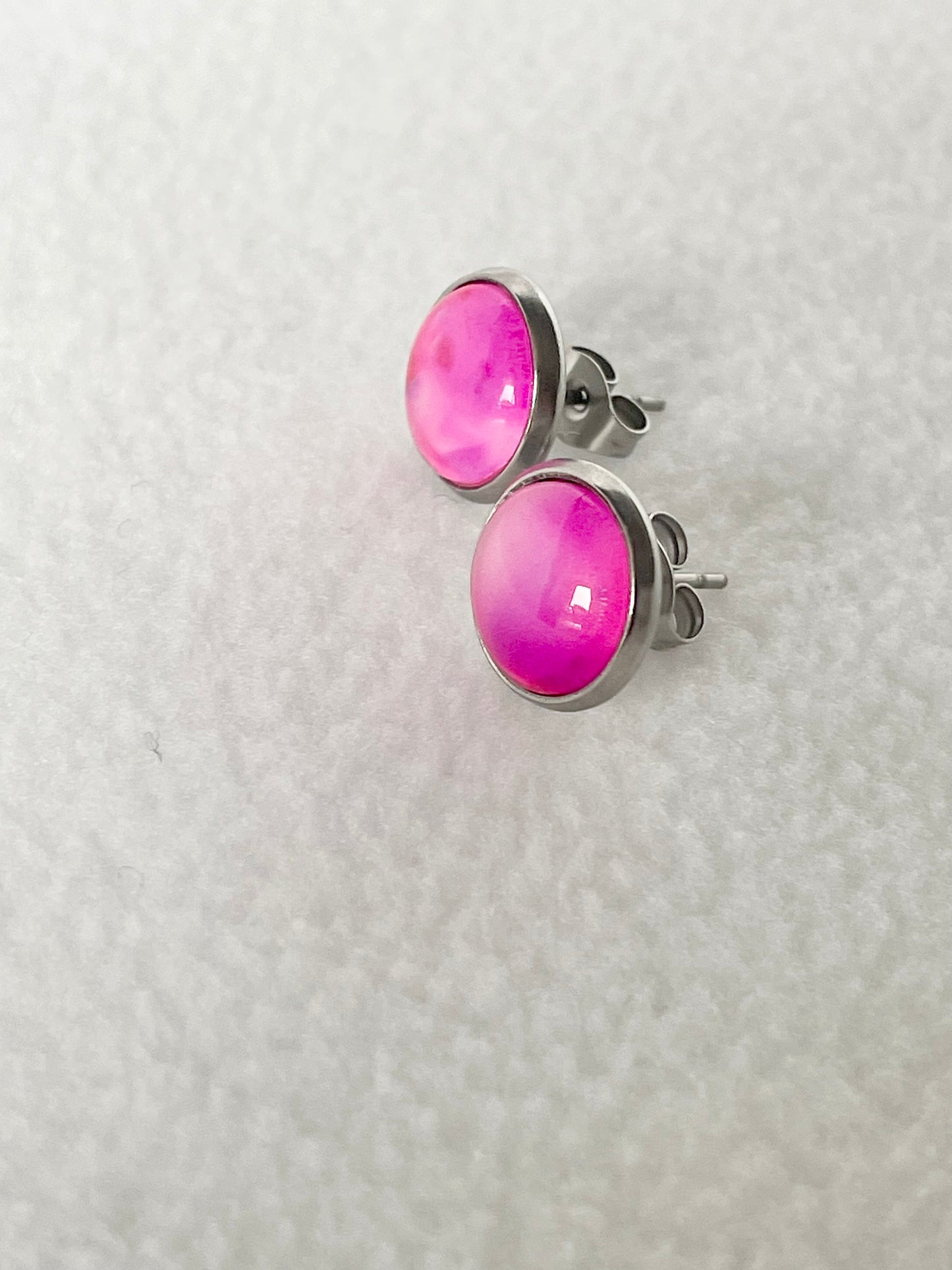 Hand Painted Stud Earrings in Pink Acrylic Art Pour Paint with Glass Cabochons