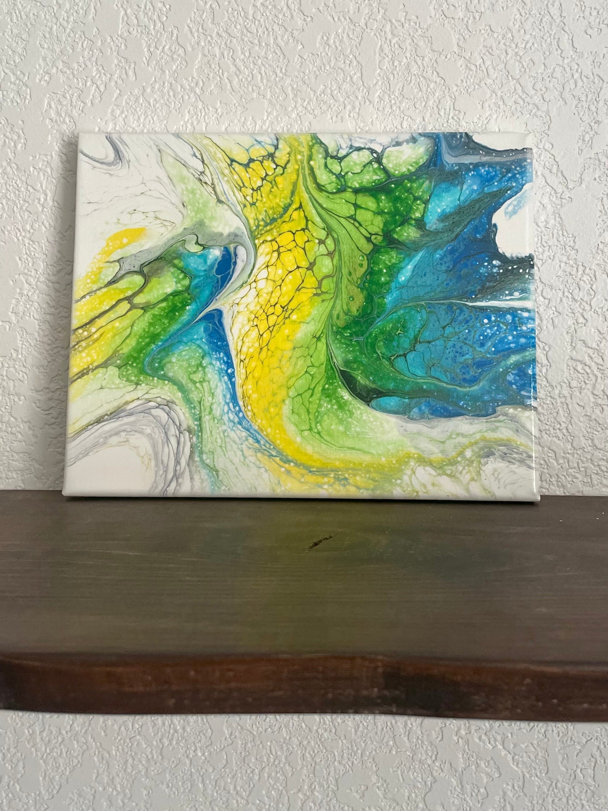 Original Abstract Acrylic Paint Pour Wall Art in Blue Green Yellow and White, Fluid Art Painting on 8x10 Inch Canvas