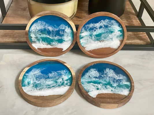 4 Round wooden coasters with ocean wave resin design