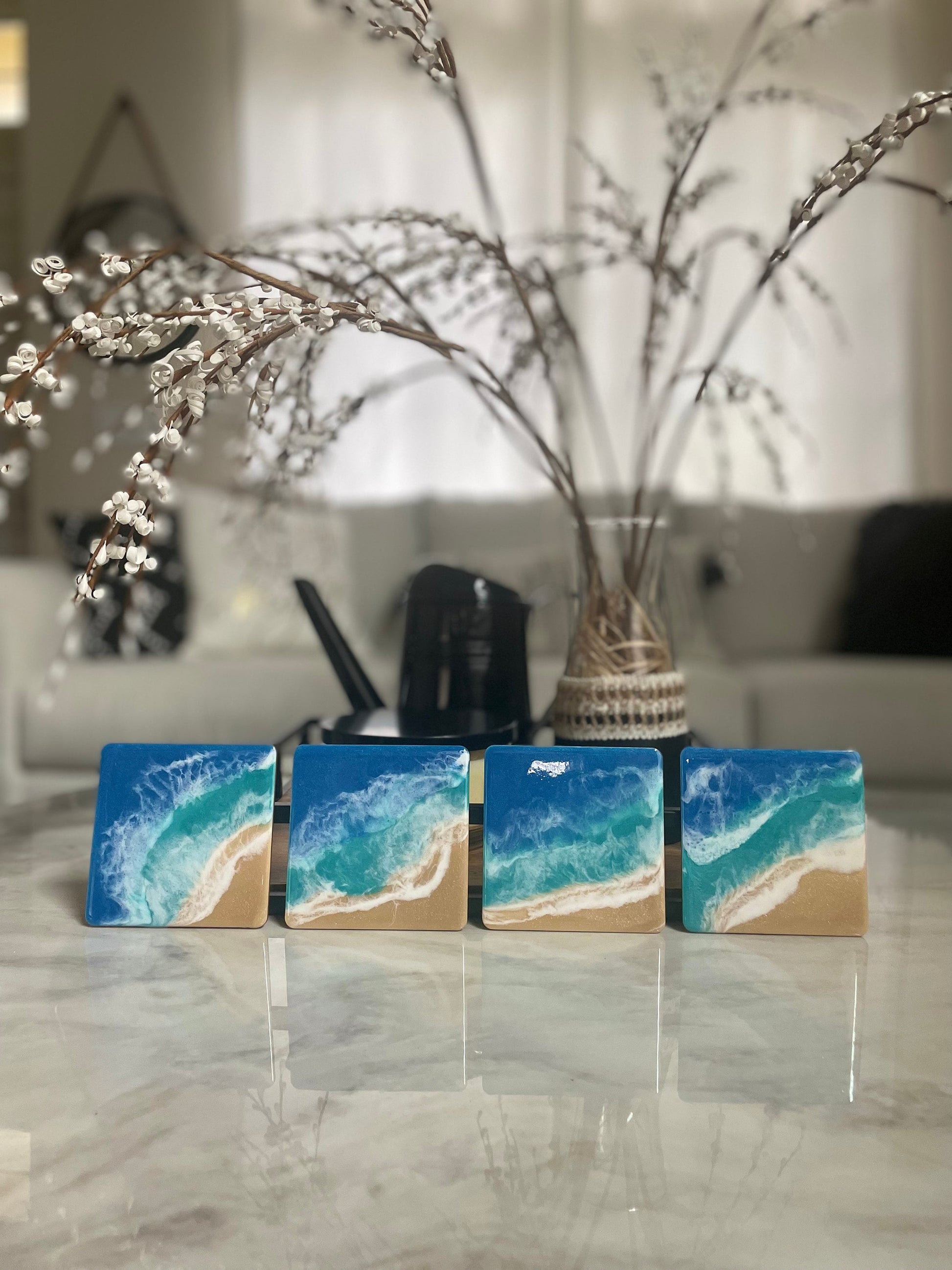 Resin Ocean Wave Coaster Set of 2 or 4, Square Wooden Beach Coasters, Handmade Coastal Decor, Housewarming Gift, New Home Gift, Hostess Gift