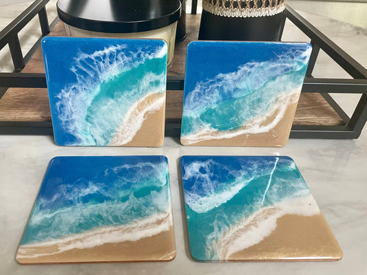 Resin Ocean Wave Coaster Set of 2 or 4, Square Wooden Beach Coasters, Handmade Coastal Decor, Housewarming Gift, New Home Gift, Hostess Gift